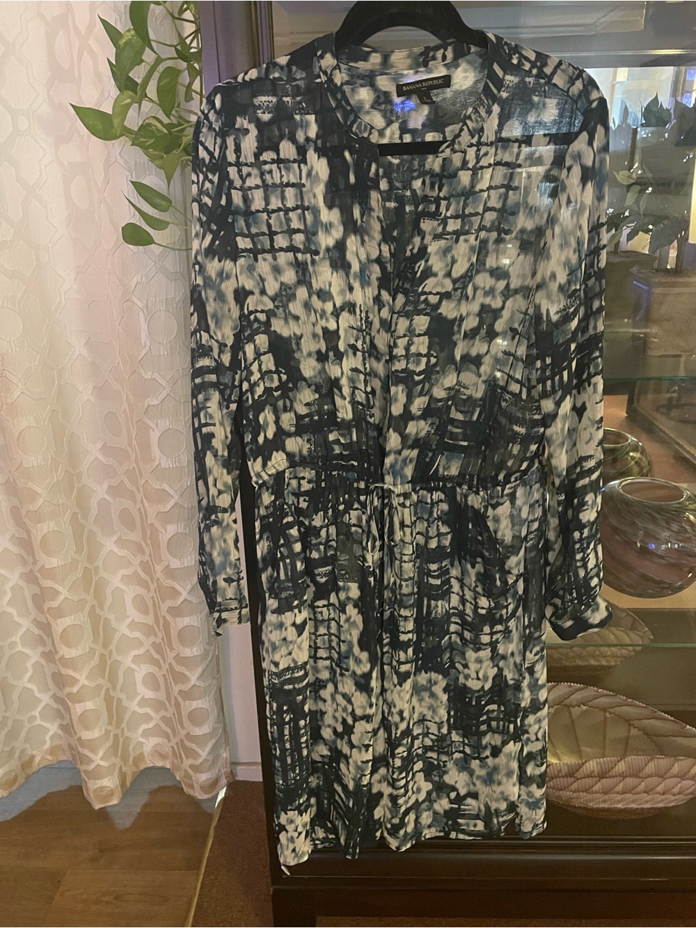 Banana Republic Navy and White Abstract Long-Sleeve Midi Dress